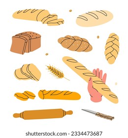 Fresh breads. Breads and pastry banner. Whole grain and wheat bread, pretzel, ciabatta, croissant, french baguette for bakery menu design.