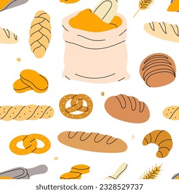 Fresh breads pattern. Bakery pastry products seamless banner. Whole grain and wheat bread. Colored bakery products background.