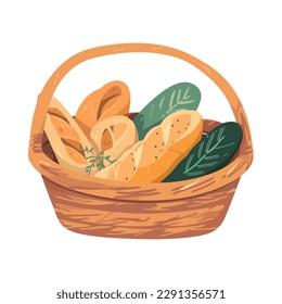 Fresh breads and vegetable in basket icon isolated