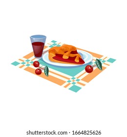 Fresh breakfast with cherry pie and a glass of drink. Vector illustration in flat cartoon style.