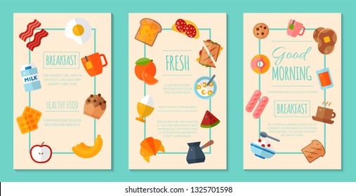 Fresh breakfast concept set of posters or banners vector illustration. Healthy start day. Eating in the morning. Good morning. Fruit breakfast. Toast and egg. Coffee, porridge, fruits, milk.