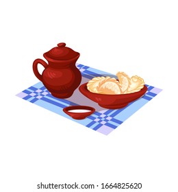 Fresh breakfast with dumplings, sour cream and milk. Vector illustration in flat cartoon style.