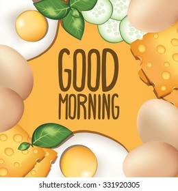 Fresh breakfast Poster (banner) with eggs, cheese, basil. Cartoon vector illustration