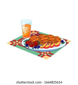 Fresh breakfast with strawberry, cakes, and a glass of drink. Vector illustration in flat cartoon style.