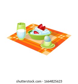 Fresh breakfast with strawberry, rice, boiled egg, and a glass of drink. Vector illustration in flat cartoon style.