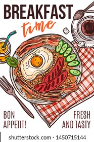 Fresh breakfast vector hand drawn poster template. Fried egg, grilled sausages and bacon slices with beans doodle color illustration. Traditional tasty morning meal served in plate sketch