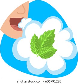 Fresh Breath With Mint Flavor. Mint Aroma Icon. Isolated. On Blue Background.