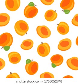 Fresh, bright apricots, leaves, fruits on a white background. Seamless texture. Doodle Minimal Style. Vector handwriting illustration. Hand-drawn. Vegetarian food. Set for a healthy diet. Black line.