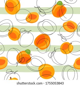 Fresh, bright apricots, leaves, fruits on a white background. Seamless texture. Doodle Minimal Style. Vector handwriting illustration. Hand-drawn. Vegetarian food. Set for a healthy diet. Black line.