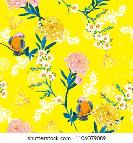 Fresh and bright  blooming flowers, branches, leaves and birds. Vector seamless pattern. Illustration for fabrics,and all prints on yellow background on japanese style.