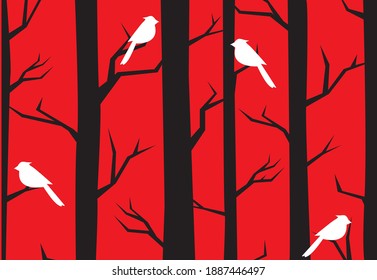 Árbol, ramas, hojas y pájaros frescos y brillantes. Patrón veloz. Ilustración para telas y todas las impresiones sobre fondo rojo al estilo japonés.