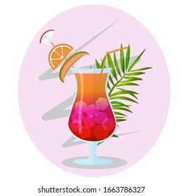 Fresh, bright, colorful composition of cocktail in vector design Decorated tropical plant, dragon fruit, orange. Isolated on white background. Relax, celebration concept