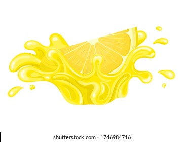 Fresh bright cut slice lemon juice splash burst isolated on white background. Summer fruit juice. Cartoon style. Vector illustration for any design.