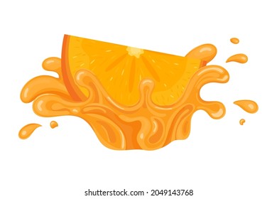 Fresh bright cut slice persimmon juice splash burst isolated on white background. Summer fruit juice. Cartoon style. Vector illustration for any design.