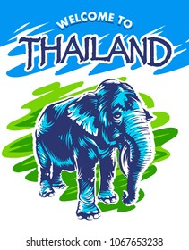 Fresh and bright design with elephant and text Welcome to Thailand. Blue elephant on abstract green background. Vector design.