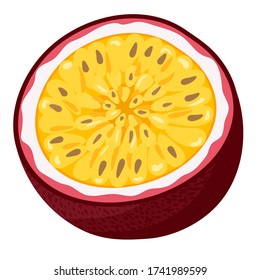 Fresh bright exotic half cut passion fruit isolated on white background. Summer fruits for healthy lifestyle. Organic fruit. Cartoon style. Vector illustration for any design.