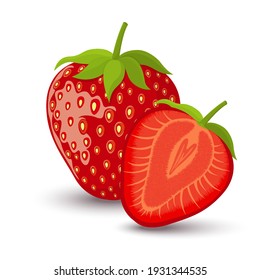 Fresh bright exotic whole and half cut strawberry isolated on white background. Summer fruits for healthy lifestyle. Organic fruit. Flat style. Vector illustration for any design.