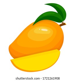 Fresh bright exotic whole and sliced mango isolated on white background. Summer fruits for healthy lifestyle. Organic fruit. Cartoon style. Vector illustration for any design.
