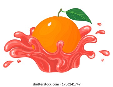 Fresh bright grapefruit juice splash burst isolated on white background. Summer fruit juice. Cartoon style. Vector illustration for any design.