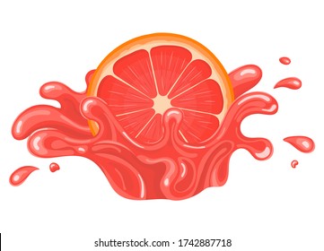Fresh bright half cut grapefruit juice splash burst isolated on white background. Summer fruit juice. Cartoon style. Vector illustration for any design.