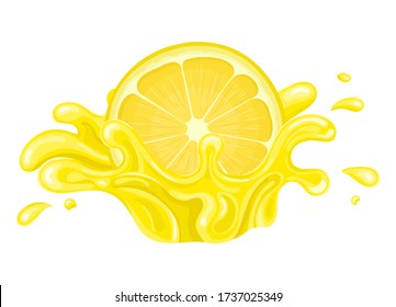 Fresh bright half cut lemon juice splash burst isolated on white background. Summer fruit juice. Cartoon style. Vector illustration for any design.