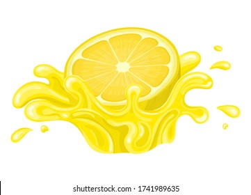 Fresh bright half cut lemon juice splash burst isolated on white background. Summer fruit juice. Cartoon style. Vector illustration for any design.