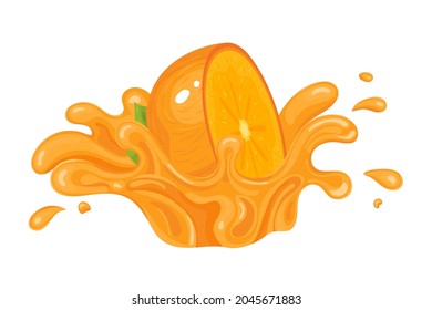 El jugo de persimón fresco y brillante de medio corte se reventó aislado en fondo blanco. Zumo de fruta de verano. Estilo de caricatura. Ilustración vectorial para cualquier diseño.