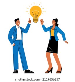 Fresh bright idea finding. Happy young man and woman with light bulb. Flat design vector idea development concept .