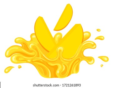 Fresh bright mango juice splash burst isolated on white background. Summer fruit juice. Cartoon style. Vector illustration for any design.