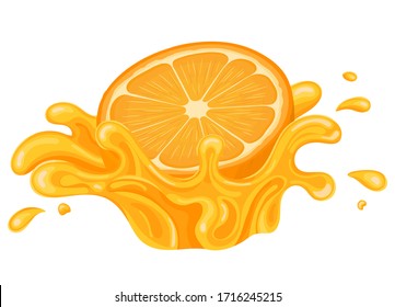 Fresh Bright Orange, Mandarin Or Tagerine Juice Splash Burst Isolated On White Background. Summer Fruit Juice. Cartoon Style. Vector Illustration For Any Design.