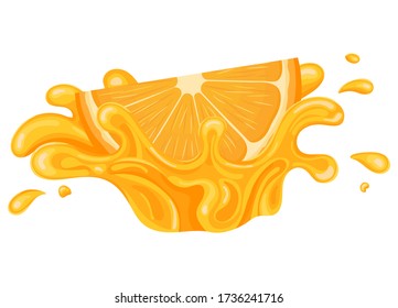 Fresh bright orange, mandarin or tagerine juice splash burst isolated on white background. Summer fruit juice. Cartoon style. Vector illustration for any design.