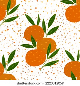 Fresh and bright oranges. Fruity seamless pattern with leaves and dots.