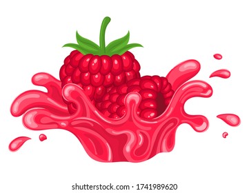 Fresh bright raspberry juice splash burst isolated on white background. Summer fruit juice. Cartoon style. Vector illustration for any design.