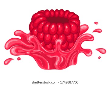 Fresh bright raspberry juice splash burst isolated on white background. Summer fruit juice. Cartoon style. Vector illustration for any design.