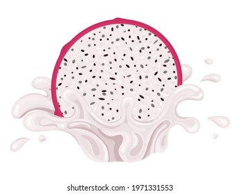 Fresh bright red cut slice pitaya juice splash burst isolated on white background. Summer fruit juice. Cartoon style. Vector illustration for any design.