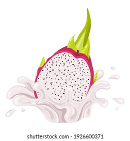 Fresh bright red half pitaya juice splash burst isolated on white background. Summer fruit juice. Cartoon style. Vector illustration for any design.