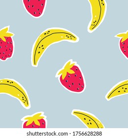 Fresh bright seamless pattern with exotic fruits - , Banana, Strawberry. Ideal summer print for fabrics and textiles.