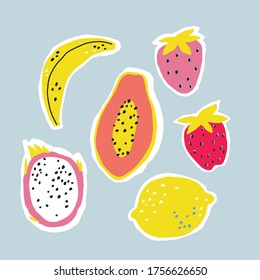 Fresh bright set with exotic fruits - Papaya, Banana, Strawberry, Lemon, Dragon Fruit. Ideal summer print for fabrics and textiles.