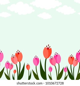Fresh and bright spring seamless floral  background border with tulips and clouds