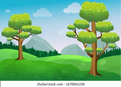Fresh and bright spring or summer landscape with trees, mountains, blue sky and clouds in vector design. Natural ecology. Graphic composition. Editable