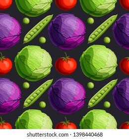 Fresh bright vegetables green and red cabbage, tomato and peas seamless pattern on black background. Cartoon style vector illustration. 