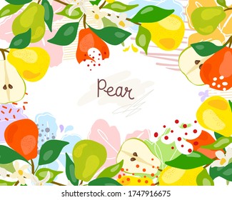 Fresh, bright whole and half-pear, leaves, fruits, juice, splash, juicy spray on an abstract background. Doodle Minimal Style. Vector handwriting illustration. Hand-drawn. Vegetarian food. Set.