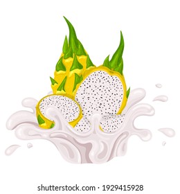 Fresh bright yellow whole and cut slices pitaya juice splash burst isolated on white background. Summer fruit juice. Cartoon style. Vector illustration for any design