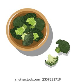 fresh broccoli in a bowl on top view, vector illustration