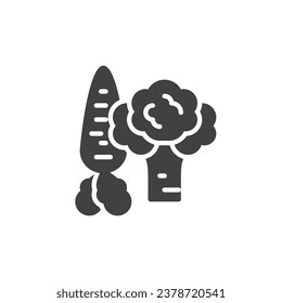 Broccoli fresco e icono del vector de zanahoria. signo plano relleno para concepto móvil y diseño web. Icono de glifo de verduras de garganta y brócoli. Símbolo, ilustración del logotipo. Gráficos vectoriales