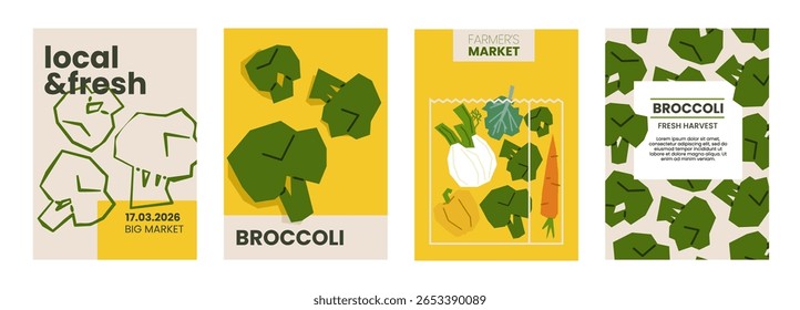 Fresh broccoli illustration. Simple posters with florets vegetable for farmers market advertising. Vector templates with copyspace. Set of organic vegetables in minimal hand drawn and flat style. 