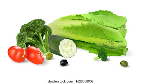 Fresh broccoli and Peking cabbage with cucumbers and tomatoes on a white background.