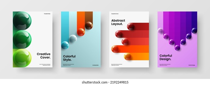 Fresh brochure A4 design vector concept collection. Creative realistic spheres presentation illustration bundle.