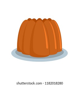 Fresh brown cake on plate icon. Flat illustration of fresh brown cake on plate vector icon for web design