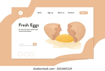 Fresh brown cracked egg vector hand drawn landing page design. Healthy organic food. Tasty chicken eggs. Eggshell, yellow yolks and egg protein for restaurant or grocery store website design.